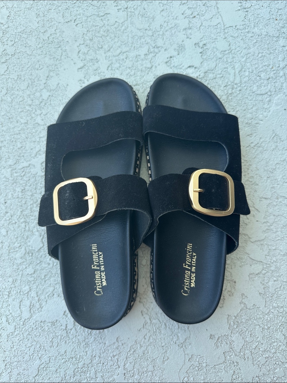 Cristina Francini Black Suede Slide Sandals with Gold Buckles